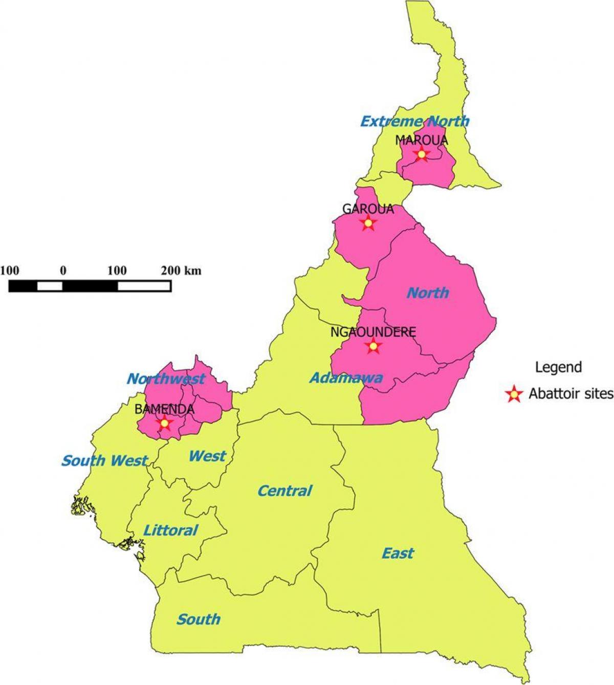 Kamerun, mis näitab piirkondade kaart